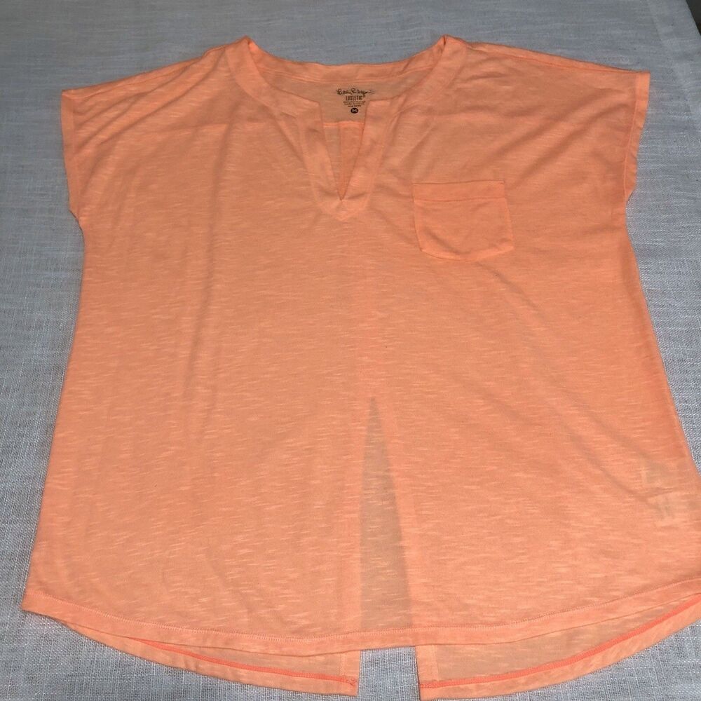 Lilly Pulitzer V-Neck Top Large Orange Pocket Tee Split Back Athletic Casual - Picture 8 of 10